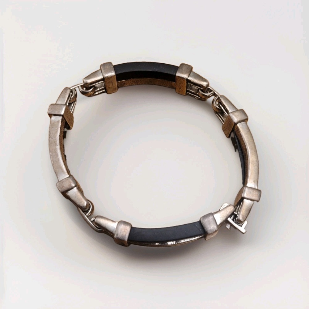 Mens Black Rubber Silver Tone Metal Link Bracelet Toggle Clasp